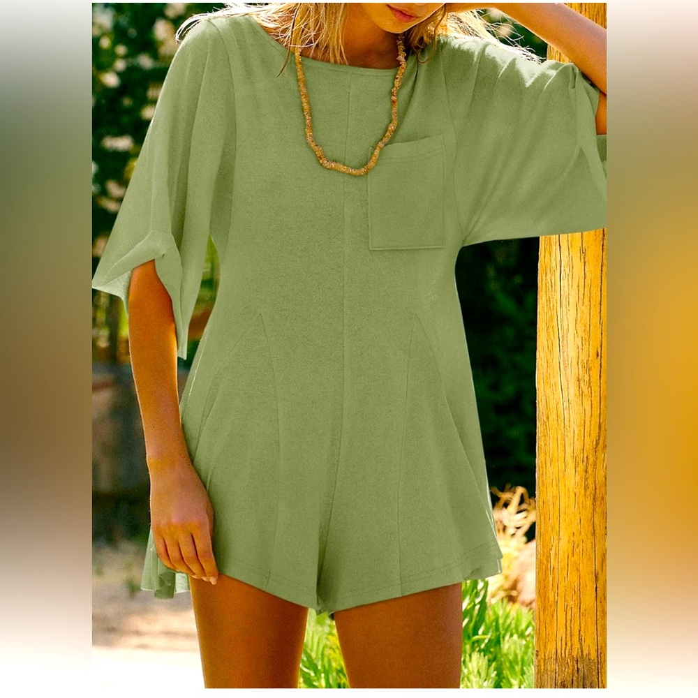 Yousify Rompers for Women Short Sleeve Crew Neck Jumpsuits with Pocket